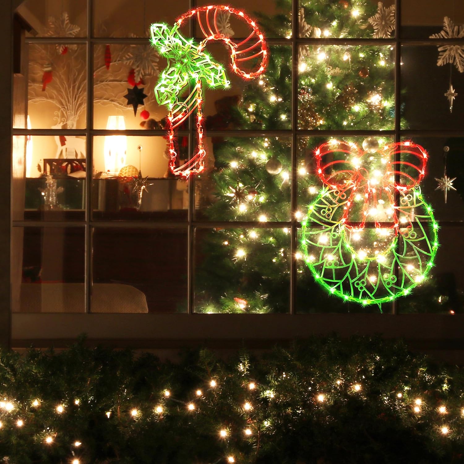 Lighted Christmas Decorations for Windows, Pack of 2 Plug-in Christmas Window Silhouette Lights for Xmas, Party, Home, Patio Lawn, Garden Decorations (Cane & Wreath)